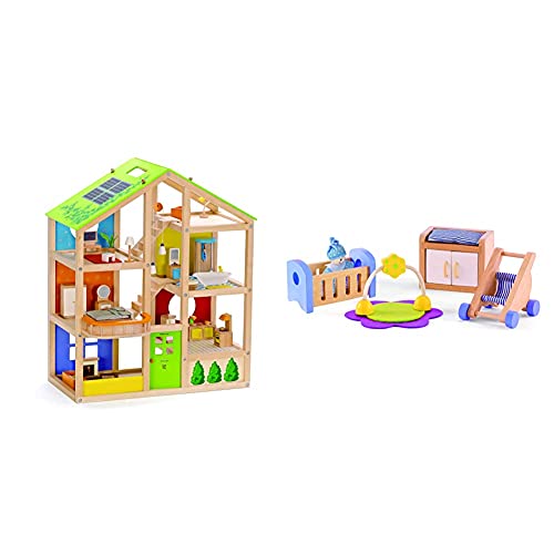 Hape E3401 - Vier-Jahreszeiten Haus (möbliert), Puppenhaus mit Zubehör, aus Holz & E3459 - Babyzimmer von Hape