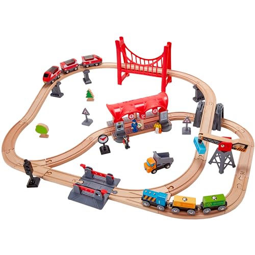 Komplettes Eisenbahn-Set „Verkehrsreiche Stadt“ von Hape | aus Holz zum Themenbereich Stadt für Kleinkinder mit Personenzug, Güterzug, Bahnhof, Spielfiguren und mehr von Hape