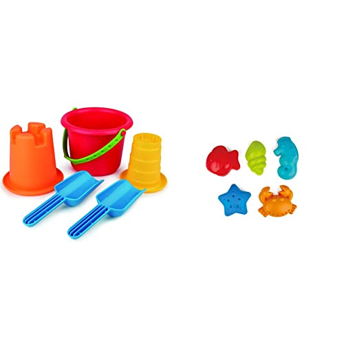 Hape E4053-5-in-1 Strandset, Strandspielzeug/Sandspielzeug, Mehrfarbig & E4058 - Meerestiere-Förmchen, Strandspielzeug/Sandspielzeug, Mehrfarbig von Hape