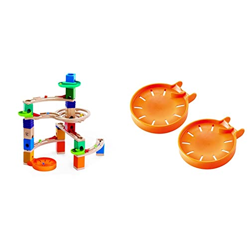 Hape E6020 Medium Set Quadrilla, Kugelbahn mit 44 Bauteilen aus Holz und 50 Murmeln, ab 4 Jahren & E6030 - Murmel-Stopp Doppelpack, Zubehör für Quadrilla Kugelbahnen, ab 4 Jahren, orange von Hape