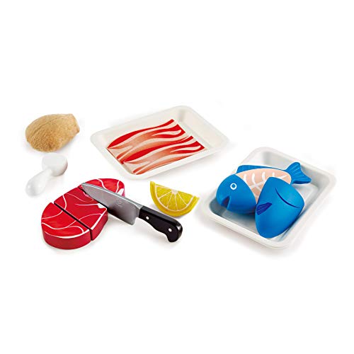 Hape Fisch & Fleisch Set Fantasiespiel aus Holz Lebensmittel-Set für Kinder, Kochset mit Zutaten und Zubehör mit Klettverschluss von Hape