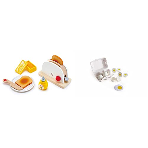 Hape Pop-up-Toaster-Set| Küchen-Fantasiespiel mit Frühstückszubehör für Kinder Eierkarton 3 Spiegeleier, Realistisches Lernspielzeug für Kinder ab DREI Jahren aus Holz von Hape