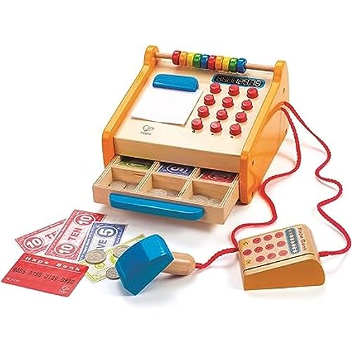 Hape Registrierkasse von Hape| 37-teiliges Kassen-Set aus Holz für Kinder|mit Taschenrechner-Funktion von Hape