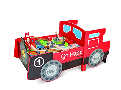 Hape Aufklappbarer Eisenbahntisch | Eisenbahn Spielset aus Holz | Verstaubarer Tisch | Sounds & Lichter | Zubehör | ab 3 Jahren von Hape