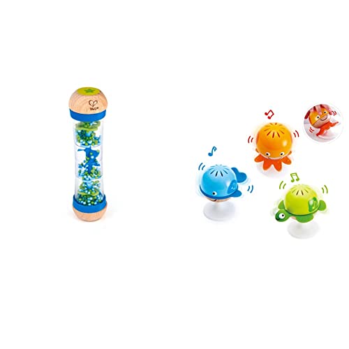 Hape E0328 - Blauer Regenmacher, Musikspielzeug, ab 0 Monaten & Saugknopf Rasselset DREI Wassertiere mit Beißringelementen | Lernspielzeug-Set für Babys von Hape