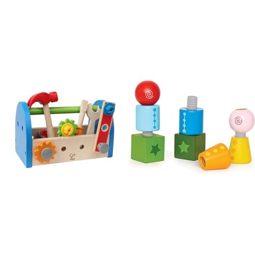 Hape Werkzeugkasten aus Holz mit Zubehör | farbenfrohe Werkbank Hammerspielset für Kinder, Problemlösung, Rollenspiel, 17-teilig & E0416 - Schraubklötze, M von Hape