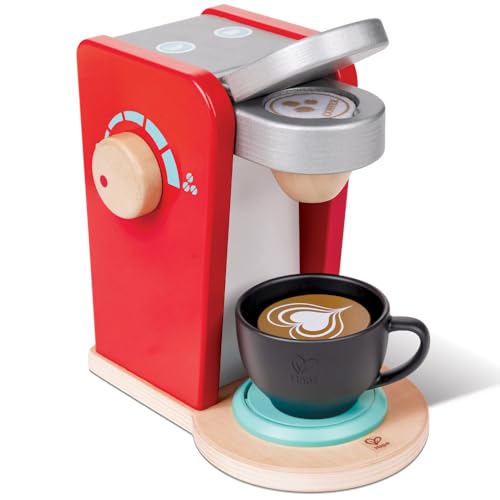 Hape: Kaffeemaschine – rot – Holzküchenmaschine, realistische Soundeffekte und Funktionen, Kaffeebohnen, Barista Spiel, Kinder im Alter von 3+ von Hape