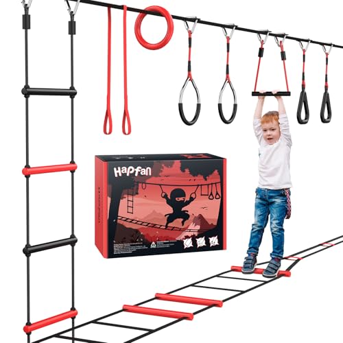 Hapfan Ninja Warrior Hindernisparcours für Kinder mit Rickety Bridge, wetterfester Ninja-Hindernisparcours, Baum Slackline Dschungel, Fitnessstudio, Outdoor-Spielset für Hinterhof von Hapfan