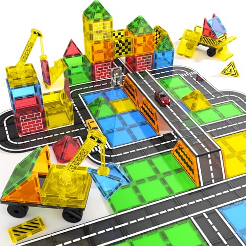 Haphiz Magnetische Bausteine Straße Set für 3 4 5 6 Jahre 50 Teile Magnetische Fliesen StraßeSet mit Magnetischen Kran Magnet Spielzeug Kinder STEM Spielzeug Magnetspiele Kinderspielzeug Geschenk von Haphiz