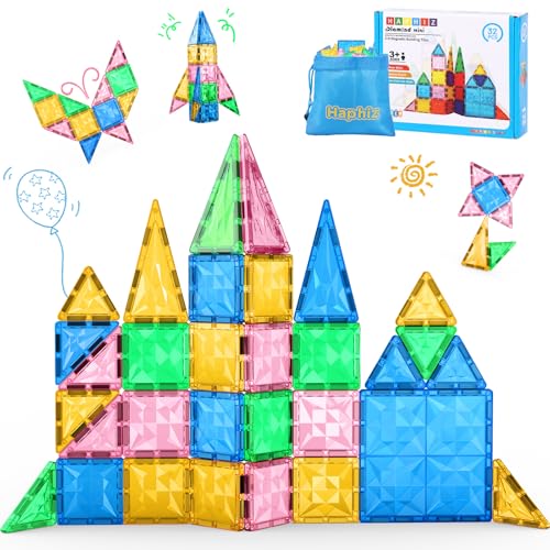 Haphiz Magnetische Bausteine 32 Teiles Magnetische Fliesen Magnetische Kacheln für ab 3 4 5 6 7 8+ Jahre Junge Mädchen Kinder Kleinkind Magnetbausteine Sensorische Montessori Spielzeug von Haphiz