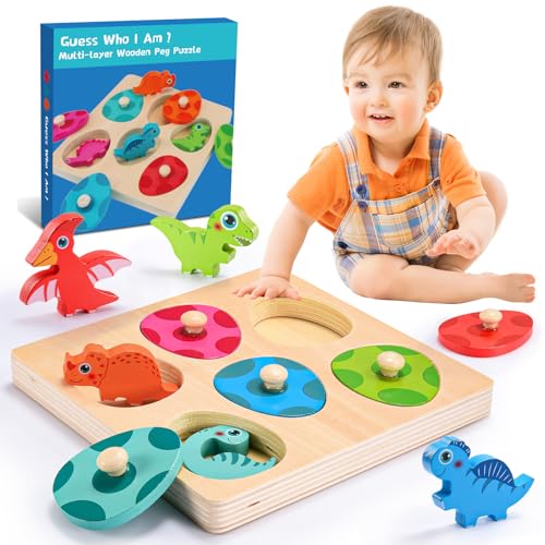 Holzpuzzle ab 1 2 3 Jahre, Dinosaurier Holzspielzeug ab 1-3 Jahre Dino Ei Puzzle ab 1-3 Jahre Geschenk Junge 1-3 Jahre Montessori Spielzeug ab 1 Jahr Sortierspiel Motorikspielzeug Steckspiel ab 1 Jahr von Hapikids