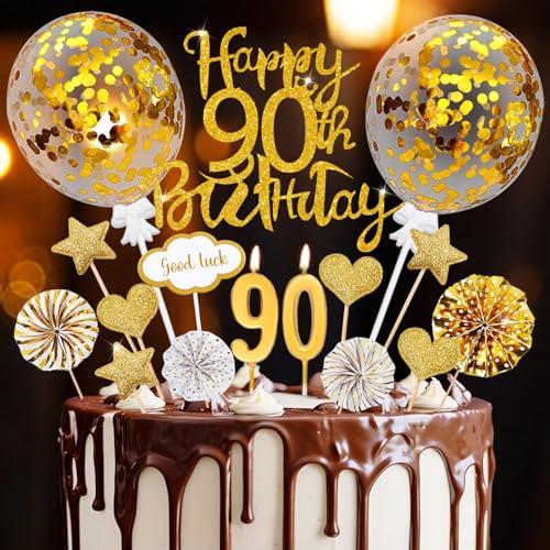 Torten Deko 90 Geburtstag, 20 Pcs Cake Topper Gold 90 Jahre Geburtstag Deko, Happy 90th Birthday Tortendeko mit Geburtstagskerzen, Kuchendeko 90. Männer Frauen Torten Deko 90 Geburtstag, 20 Pcs Cake Topper Gold 90 Jahre Geburtstag Deko, Happy 90th Birthday Tortendeko mit Geburtstagskerzen, Kuchendeko 90. Männer Frauen von Happirra