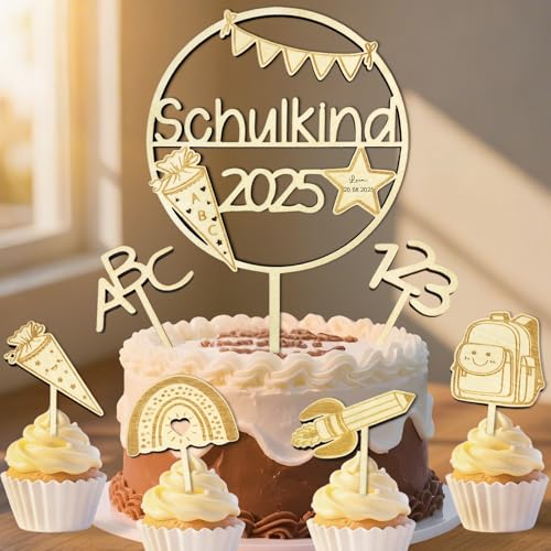 Tortendeko Einschulung Holz, 7 Stk Schulkind 2025 Tortendeko Kuchendeko Schulanfang, ABC 123 Cake Topper Einschulung Deko für Jungen & Mädchen Tortendeko Einschulung Holz, 7 Stk Schulkind 2025 Tortendeko Kuchendeko Schulanfang, ABC 123 Cake Topper Einschulung Deko für Jungen & Mädchen von Happirra