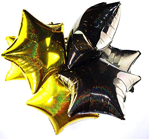 Happium Star Holografische Folienballons, 6 Stück, Helium, 18 Zoll, Sternballons, Folienballon-Set für Geburtstagsfeier, Abschlussfeier, Babyparty, Hochzeitstag, Partydekorationen (Schwarz, Gold) von Happium