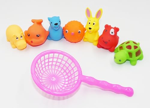 Happium Bad Squeaky Toys Mini Tiere Gummi 7 Stück Squeaky Toys mit Fangnetz Bad Spielzeug Planschbecken Pool Spiel Sommer Wasser Spaß Spielzeug für Kinder von Happium