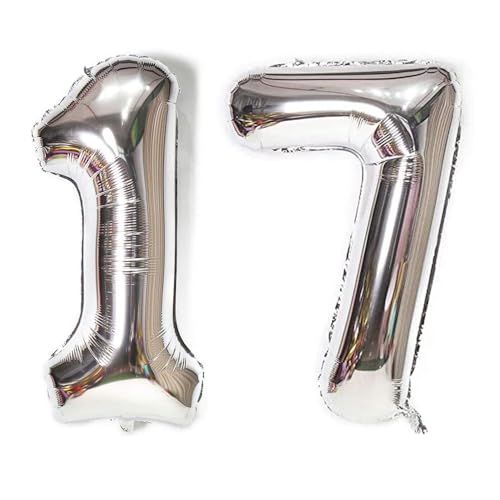 Happium Luftballons, 34 Zoll Zahlenballons 17, Silber Folienballons Geburtstag Silber Ballon Zahlen 1 und 7 Luftballons für Geburtstag Hochzeit Party Dekorationen Feier Supplies von Happium