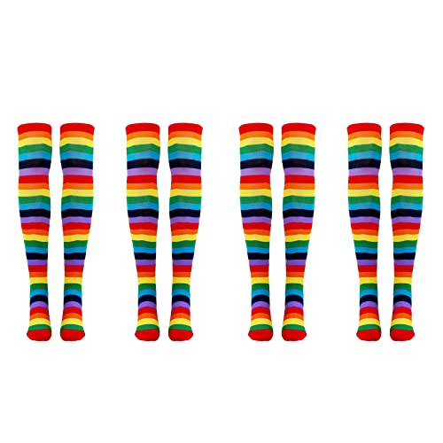 Happlignly 8 x bunte Regenbogen-gestreifte Socken über dem Knie, Clown-Kostüm, hohe Strümpfe für Halloween, Cosplay-Partys von Happlignly