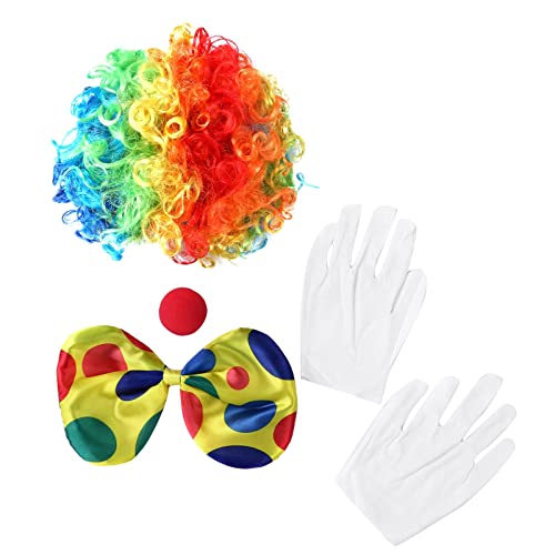 Happlignly Regenbogen Clown Kostüm Perücke Schwamm Nase Punkte Fliege Weiß Handschuh Clown Set für Halloween Cosplay Kleidung Requisiten von Happlignly