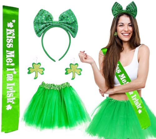 Happy Cherry Elastischer Bund Tüll Mesh Fancy Rock für Damen Schleife Haarband Klee Ohrringe Bändchen Verkleidungs Rock Set für Tanz St. Patrick's Day von Happy Cherry