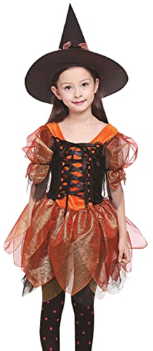 Happy Cherry Mädchen Halloween Hexenkleid mit Hut Kinder Hexenkostüm Fasching Karneval Cosplay Kostüm Hersteller 150/DE Größe 152-158-Muster 1 von Happy Cherry