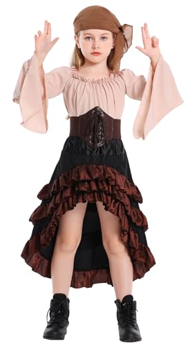 Happy Cherry Mädchen Mittelalter Piratenkostüm mit Renaissance Vintage Shirt Unregelmäßiger Rock Korsett Taillengürtel Kopftuch 4pcs Halloween Karneval Outfit Braun für Kinder 10-12 Jahre Happy Cherry Mädchen Mittelalter Piratenkostüm mit Renaissance Vintage Shirt Unregelmäßiger Rock Korsett Taillengürtel Kopftuch 4pcs Halloween Karneval Outfit Braun für Kinder 10-12 Jahre von Happy Cherry
