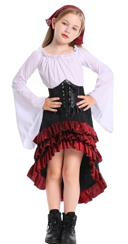 Happy Cherry Mittelalterliches Kleid Mädchen 4-teilig Vintage Piraten Kostüm Outfit mit Unregelmäßigem Rüschenrock Taillengürtel Kopftuch für Halloween Cosplay Party Weiß 10-12 Jahre Happy Cherry Mittelalterliches Kleid Mädchen 4-teilig Vintage Piraten Kostüm Outfit mit Unregelmäßigem Rüschenrock Taillengürtel Kopftuch für Halloween Cosplay Party Weiß 10-12 Jahre von Happy Cherry