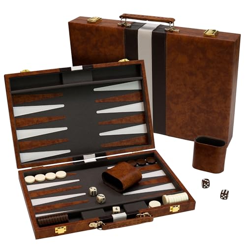 Backgammon-Brettspiel, Deluxe-Lederähnliches Etui, Filzinnenseite, Braun, klassisches Backgammon-Spiel, beliebtes Brettspiel, Brettspiele (groß (45,7 cm) von Happy Hippo