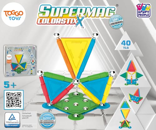 Happy People Supermag Colorstix Magnetisches Konstruktionsspielzeug Magnetische Bausteine Magnetspiel Spielset Bausteine Sticks Lernspiele (Supermag Colorstix 40-Teile) von Happy People