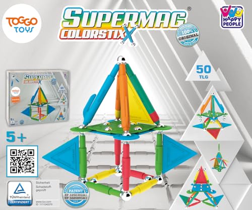 Happy People Supermag Colorstix Magnetisches Konstruktionsspielzeug Magnetische Bausteine Magnetspiel Spielset Bausteine Sticks Lernspiele (Supermag Colorstix 50-Teile) von Happy People