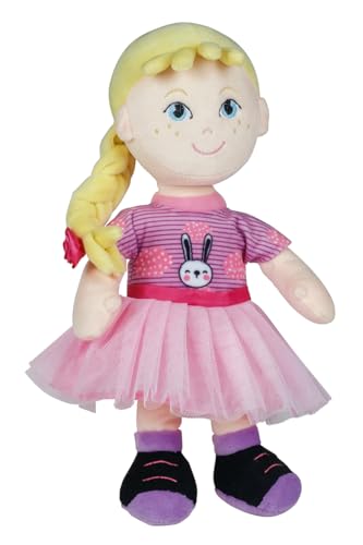 Schlenkerpuppe Anna, ca. 25 cm groß, Stoffpuppe mit blondem Zopf und Pony, Rosa Tüllrock und Shirt mit Hasen-Print, mit gestickten Augen, Nase, Mund, Handwäsche, ab 0 Monate+ Schlenkerpuppe Anna, ca. 25 cm groß, Stoffpuppe mit blondem Zopf und Pony, Rosa Tüllrock und Shirt mit Hasen-Print, mit gestickten Augen, Nase, Mund, Handwäsche, ab 0 Monate+ von Happy People