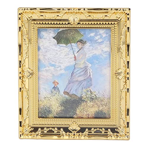 HappyFit 1:12 Miniatur-Kunstgemälde, handgefertigt, exquisiter Goldener Rahmen, Acryl-Puppenhaus-Ölgemälde für Mädchen und Kinder (Regenschirmmädchen) von HappyFit