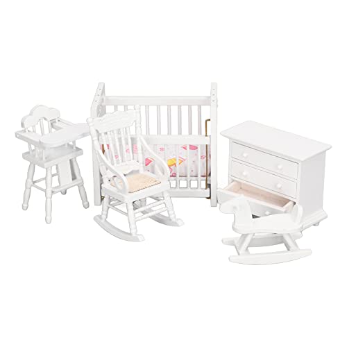 HappyFit 1:12 Puppenhaus-Möbel-Modell-Set, Miniatur-Babybett, Schaukelpferd, Stuhl, Schrank, Dekorationszubehör von HappyFit