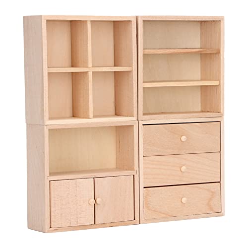 HappyFit 4-teiliges Puppenhaus-Schrank-Set für 1/12, Schlichtes Design, praktisch, lebensecht, Miniatur-Puppenhaus-Möbelschrank aus Holz von HappyFit