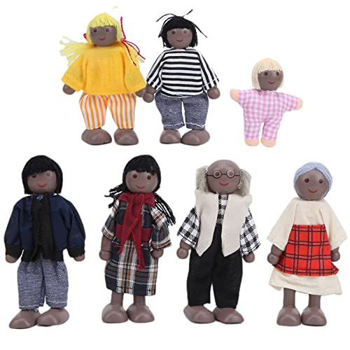 HappyFit Familienpuppenfiguren aus Kiefernholz, Miniaturmenschen, Spielzeugset, Ornament, pädagogisches Puppenhauszubehör (7 Schwarze Puppen) von HappyFit