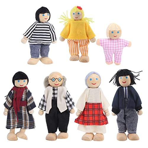 HappyFit Familienpuppenfiguren aus Kiefernholz, Miniaturmenschen, Spielzeugset, Ornament, pädagogisches Puppenhauszubehör (Neue Puppe mit 7 Mündern) von HappyFit