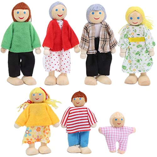 HappyFit Familienpuppenfiguren aus Kiefernholz, Miniaturmenschen, Spielzeugset, Ornament, pädagogisches Puppenhauszubehör (Puppe 7 Mund) von HappyFit