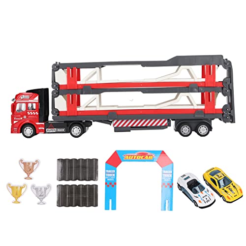 HappyFit Mega Hauler Truck Legierung Transport Auto Träger LKW Spielzeug mit Auswurf Rennstrecke für Kinder 59,1 Zoll (Rot) von HappyFit