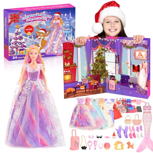 HappyGoLucky Adventskalender 2024 Kinder Mädchen, Geschenk Mädchen 3 4 5 6 7 8 9 10 11 Jahre Spielzeug ab 3-8 Jahre Mädchen Weihnachts Geschenke für Mädchen Weihnachtskalender Kleidung für Puppe von HappyGoLucky