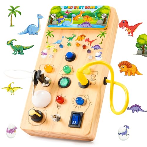 HappyGoLucky Dinosaurier Plastik Montessori Busy Board, Kinderspielzeug Activity Board Motorikspielzeug mit 7 Schalter 15 LED-Leuchten, Montessori Spielzeug Geschenke für Babys Ostergeschenke Kinder von HappyGoLucky