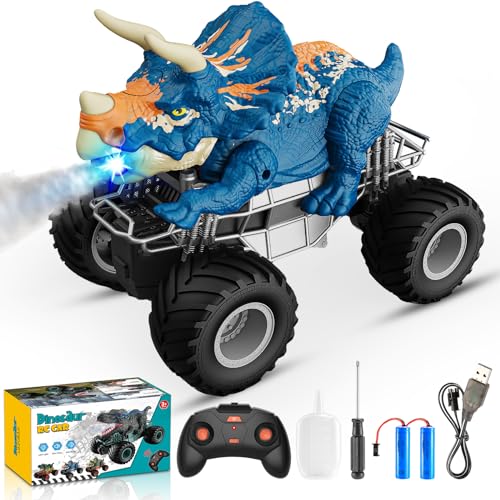 HappyGoLucky Dinosaurier Spielzeug ab 3 4 5 6 7 8 Jahre Junge, Monstertruck Ferngesteuertes Auto ab 3-10 Jahre RC Auto mit Sprühneb, Musik, LED-Leuchten, Outdoor Spielzeug Weihnachten Geschenk Kinder von HappyGoLucky