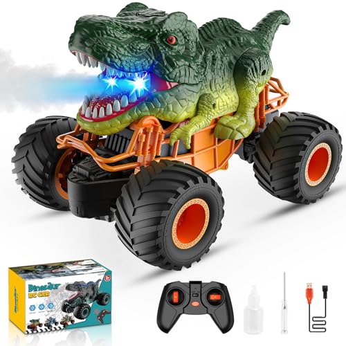 HappyGoLucky Dinosaurier Spielzeug ab 3-10 Jahre Junge, Monstertruck Ferngesteuertes Auto ab 3 4 5 6 7 8 Jahre RC Auto mit Sprühnebel, Musik, LED-Leuchten, Outdoor Spielzeug Ostern Geschenk Kinder von HappyGoLucky