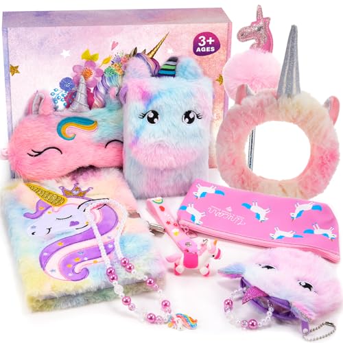 HappyGoLucky Einhorn Geschenke für Mädchen 3 4 5 6 7 8 Jahren, Tagebuch mit Schloss Unicorn Academy Geschenk Mädchen 3 4 5 6 7 8-11 Jahre Mädchen Spielzeug Einhorn Stofftier von HappyGoLucky