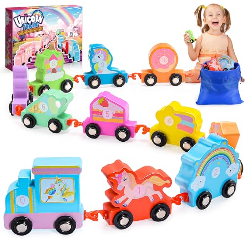 HappyKidsClub Einhorn Geschenke für Mädchen, Holzzug Spielzeug ab 1-4 Jahre Mädchen Geburtstagszug Holz Mädchen Geschenke 1-4 Jahre Holzspielzeug Baby Montessori Spielzeug 1-4 Jahre von HappyKidsClub