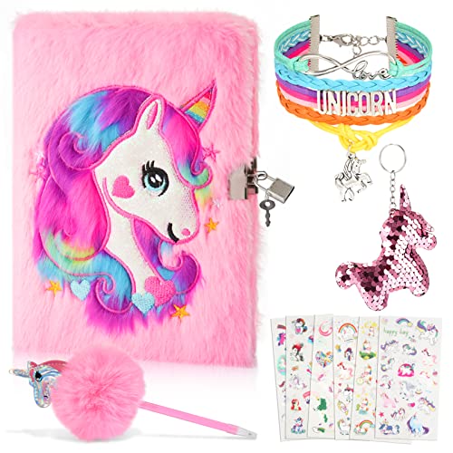 HappyKidsClub Tagebuch Mädchen mit Schloss, Einhorn Mädchen für Geschenke 3-14 Jahre Notizbuch a5 mit Einhorn Gelschreiber Schlüsselanhänger Armband Sticker Mädchen Spielzeug ab 3-14 Jahre Mädchen von HappyKidsClub