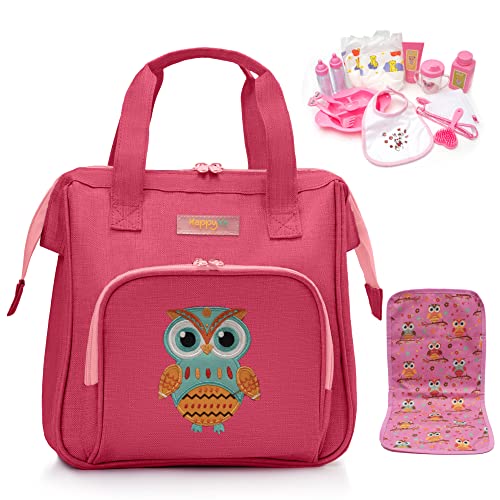 HappyVk- Puppen Wickeltasche mit Puppenzubehör Set - Handtasche für Mädchen - süße Eule Stickerei - Rosa von HappyVk