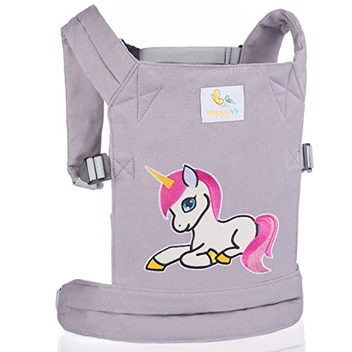 HappyVk- Puppentrage- Kinder Spielzeug süße Einhorn Stickerei-Puppentragetasche- Puppentrage Baby Puppe Vorne und Hinten Puppenzubehör-Grau von HappyVk