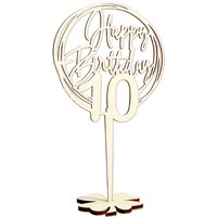 Cake Topper 10. Geburtstag, Holz mit Schriftzug Happy Birthday und Fuß, nach der Torte auf den Tisch von Happygoods GmbH