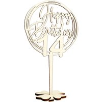 Cake Topper 14. Geburtstag, Holz mit Schriftzug Happy Birthday und Fuß, nach der Torte auf den Tisch von Happygoods GmbH