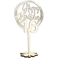 Cake Topper 16. Geburtstag, Holz mit Schriftzug Happy Birthday und Fuß, nach der Torte auf den Tisch von Happygoods GmbH