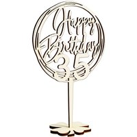 Cake Topper 35. Geburtstag, Holz mit Schriftzug Happy Birthday und Fuß, nach der Torte auf den Tisch von Happygoods GmbH